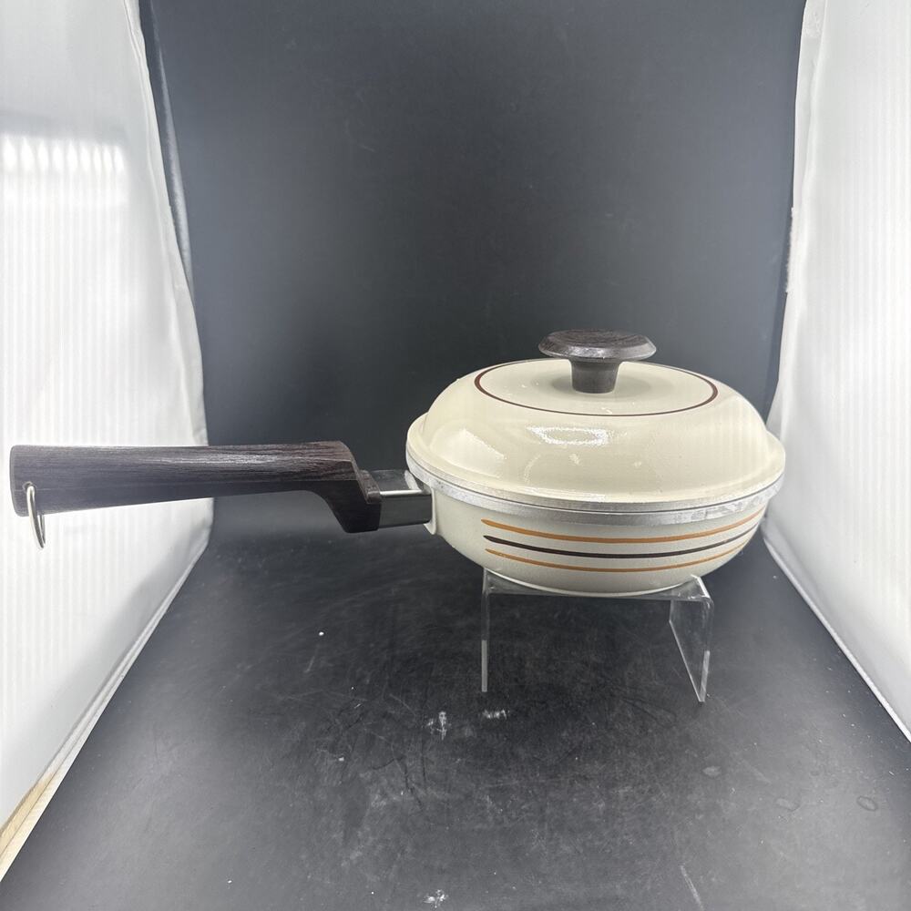 Vtg 70s Regal Ware Cast Aluminum Skillet Pan Lid Retro Stripe Cream Orange Brown